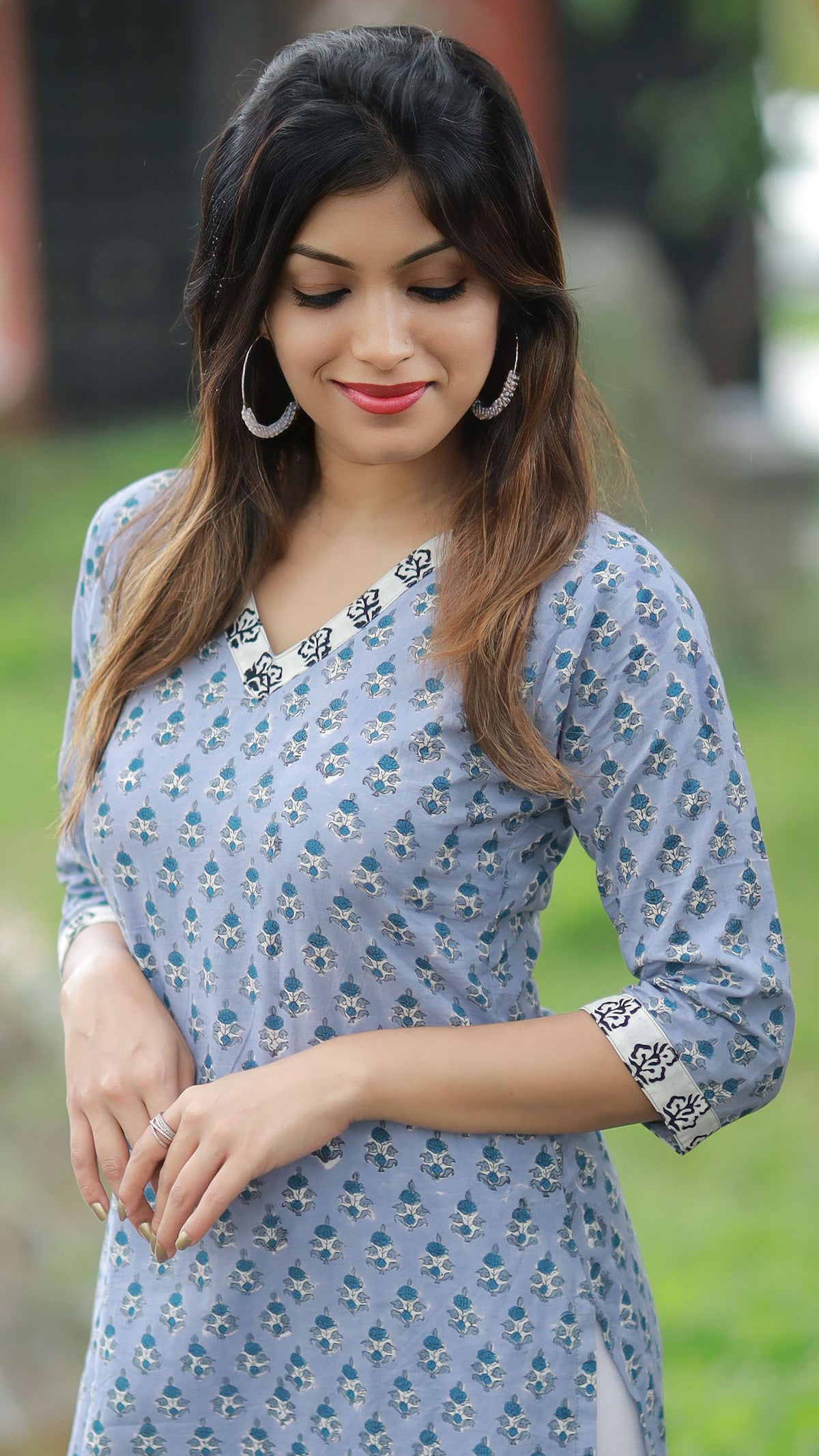 Pale Blue Kurti with Black and White Patch on Neck and Sleeves image 3