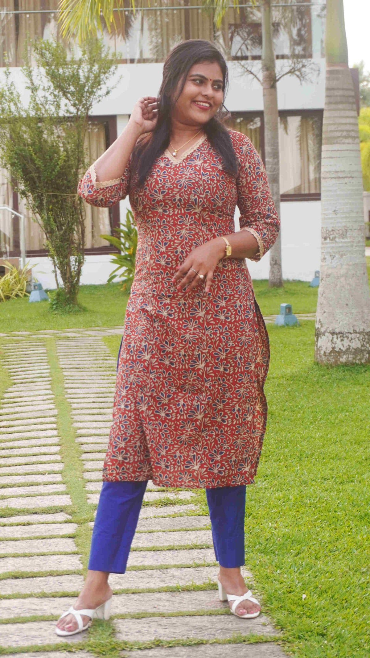 Long Red kurti with Blue and Beige hand block print image 6