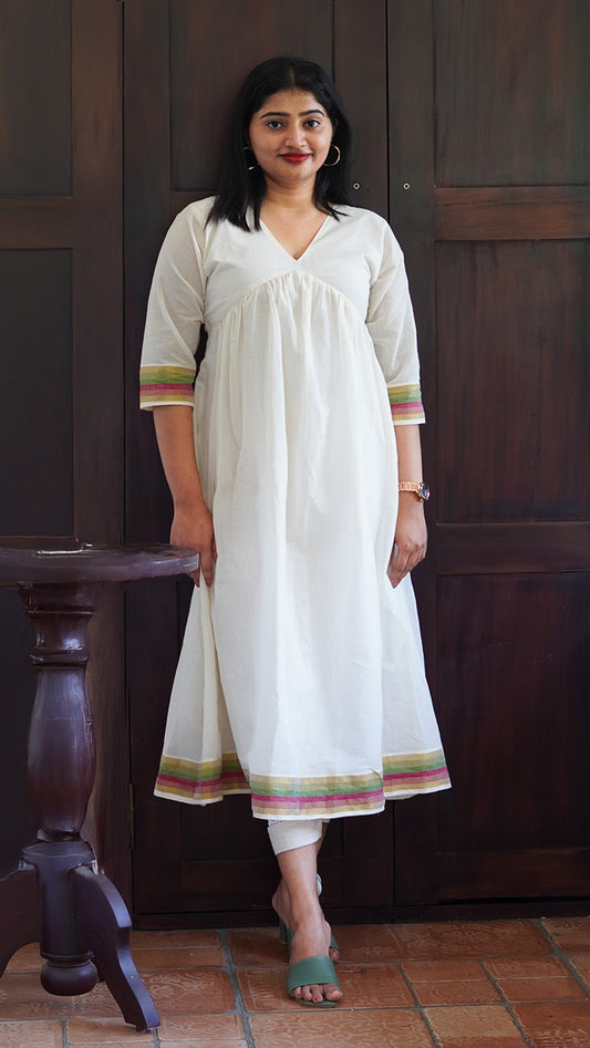 Aliya Cut Off-White Kurta with Pink, Green & Kasavu Border