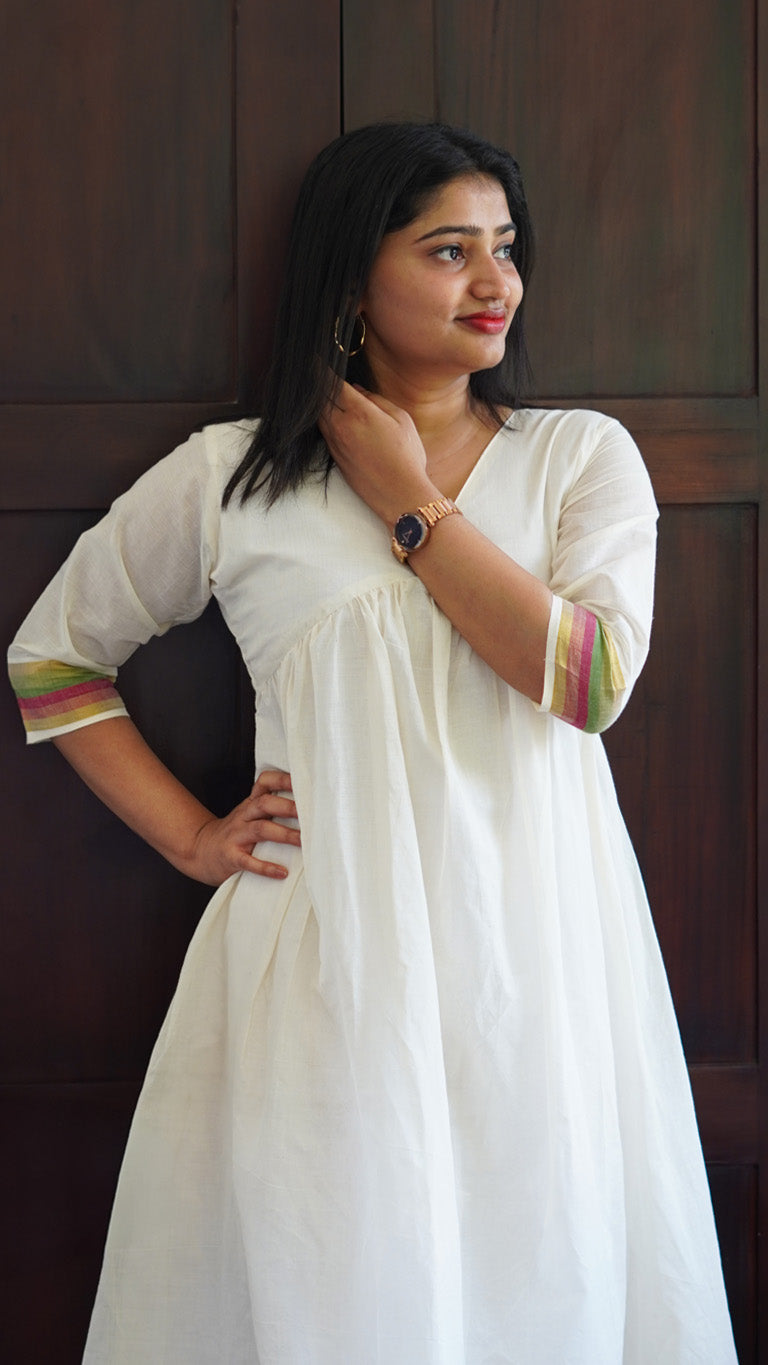 Aliya Cut Off-White Kurta with Pink, Green & Kasavu Border