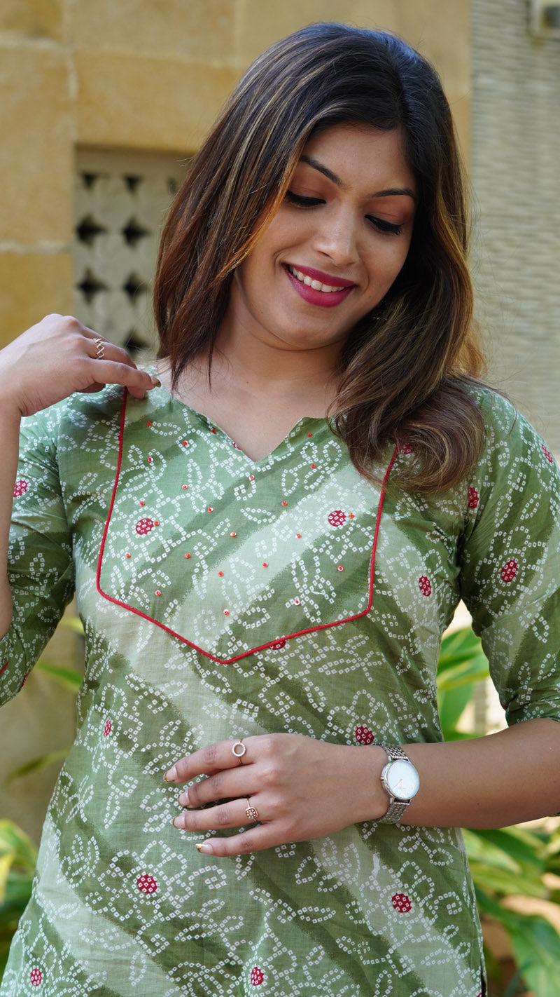 Woodland Green Bandhani Printed Kurti with Sequins hand embroidery