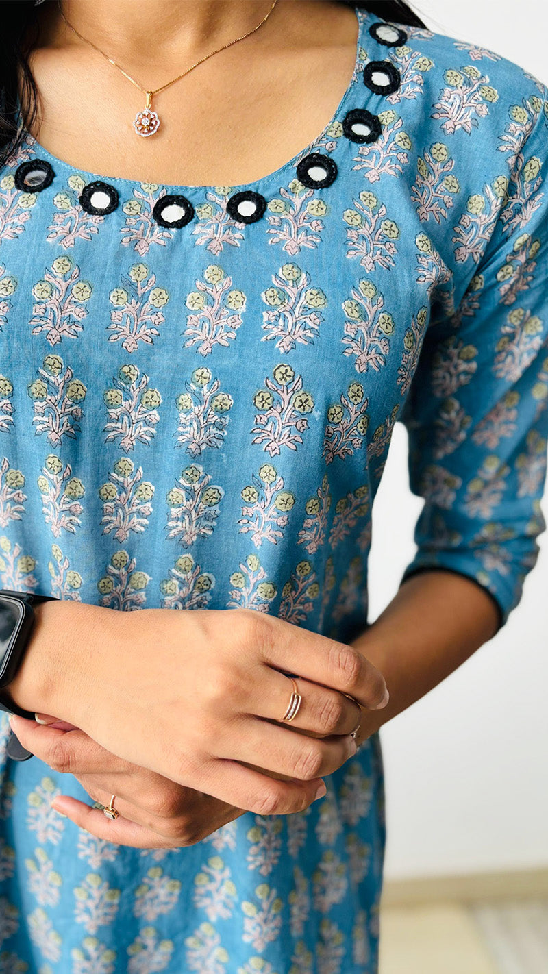 Blue Block Printed Cotton Kurti with Mirror Work