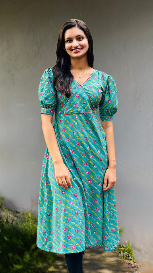 Pale Teal Floral Cotton Dress Kurti