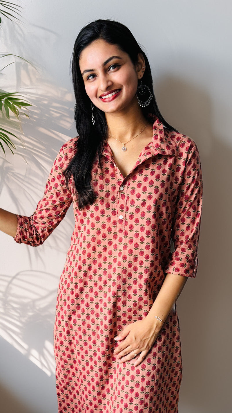 Peach Printed Cotton Kurti