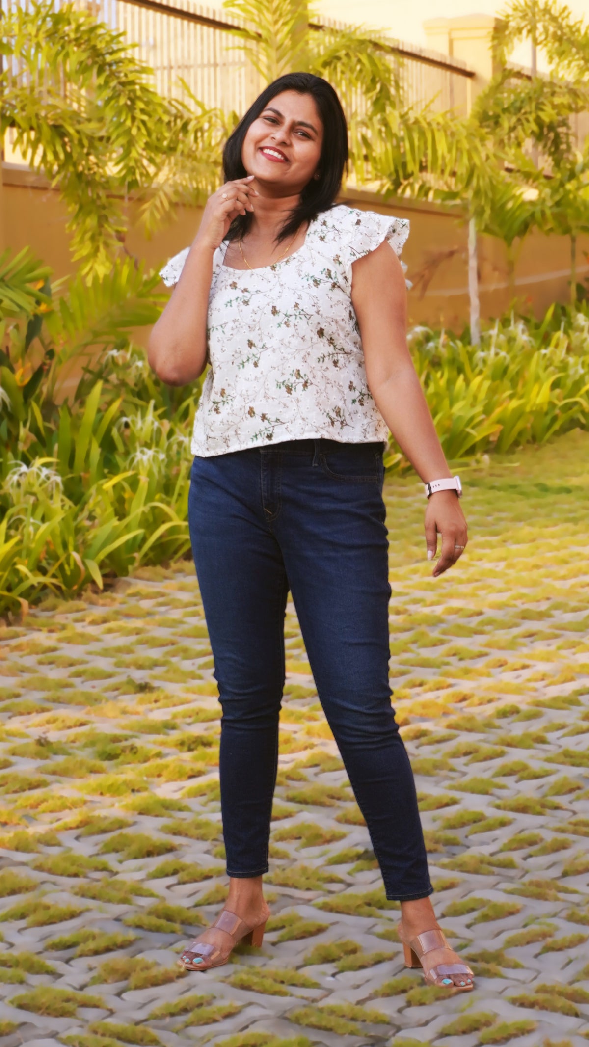 White Cap Sleeve Hakoba Top with Green and Brown Floral Design
