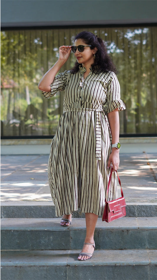 Elegant Beige and Black Striped Dress
