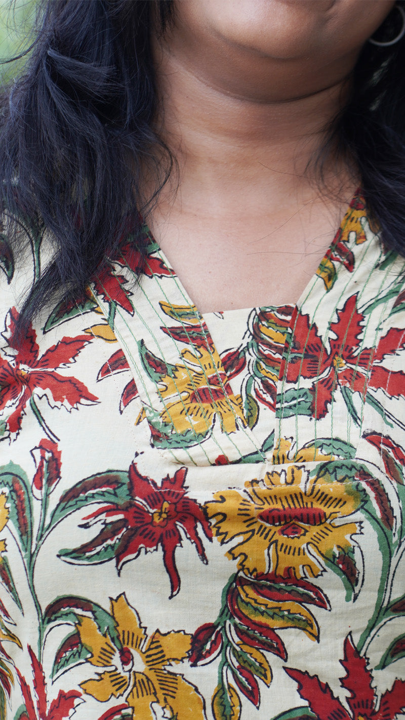 Beige Floral Block Printed Cotton Kurta