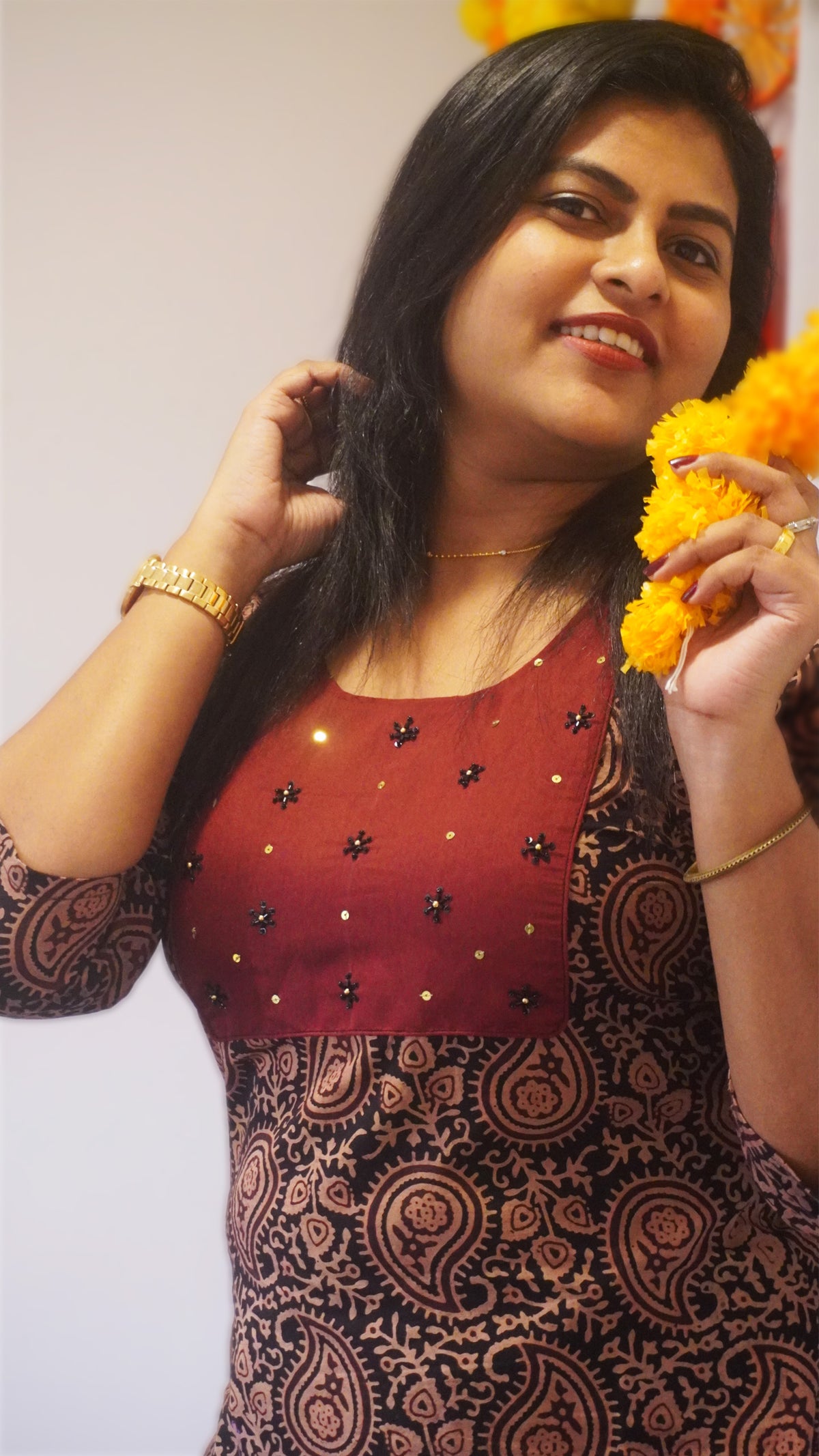 Black and Maroon Ajrakh Kurti with Hand Embroidery Design