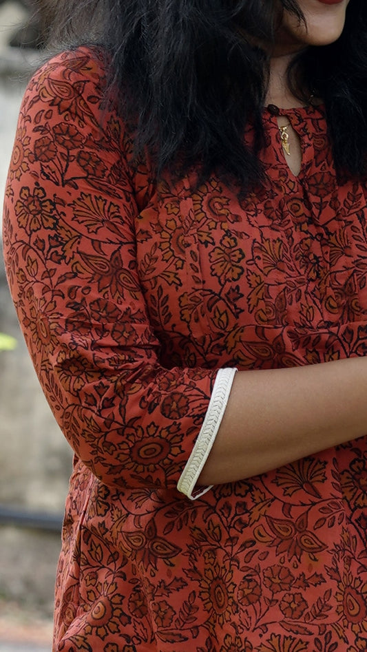 Brick Red Hand Block Printed Pure Cotton Kurti