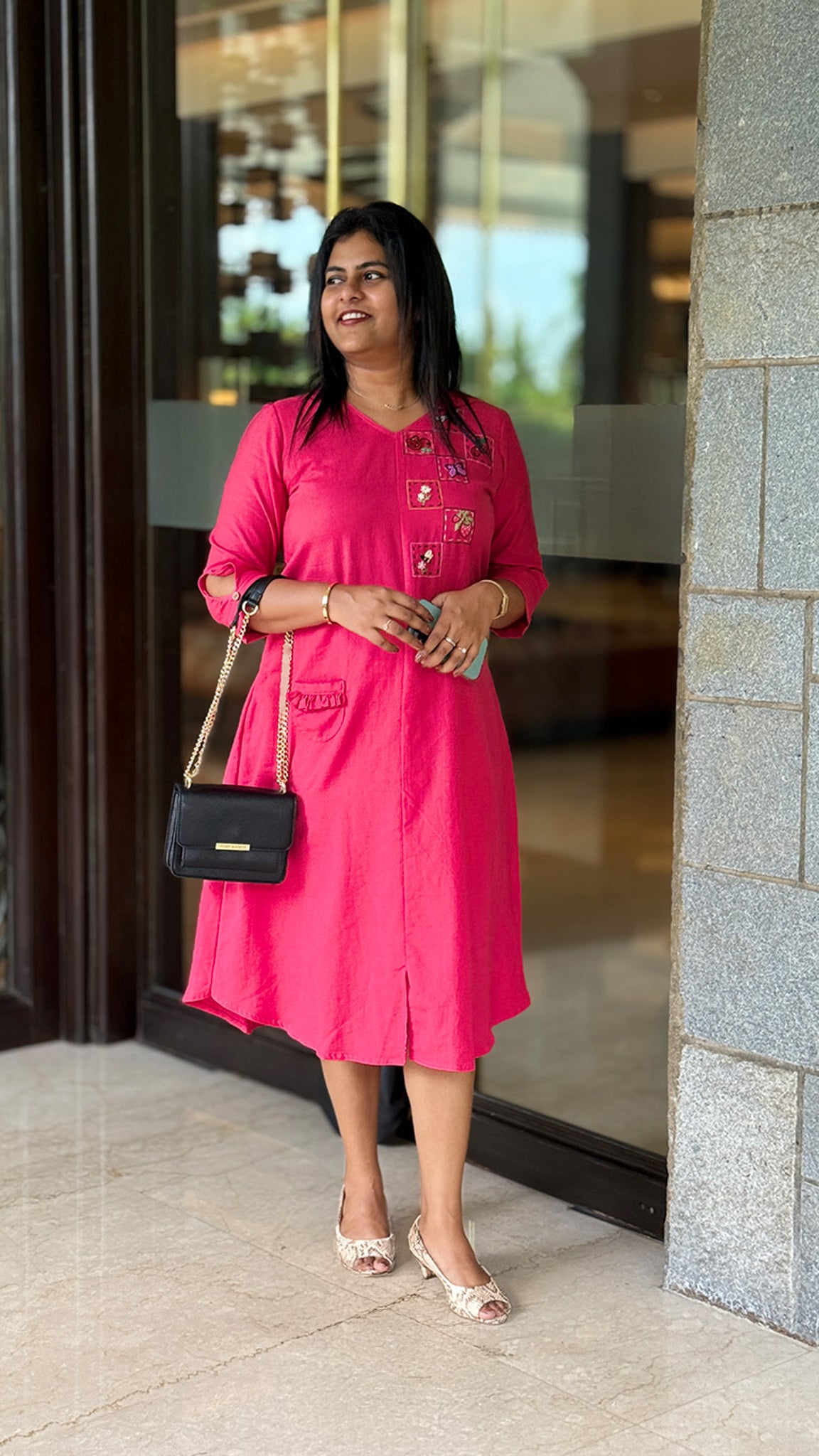 Cerise Pink Dress with Fruit and Butterfly Embroidery