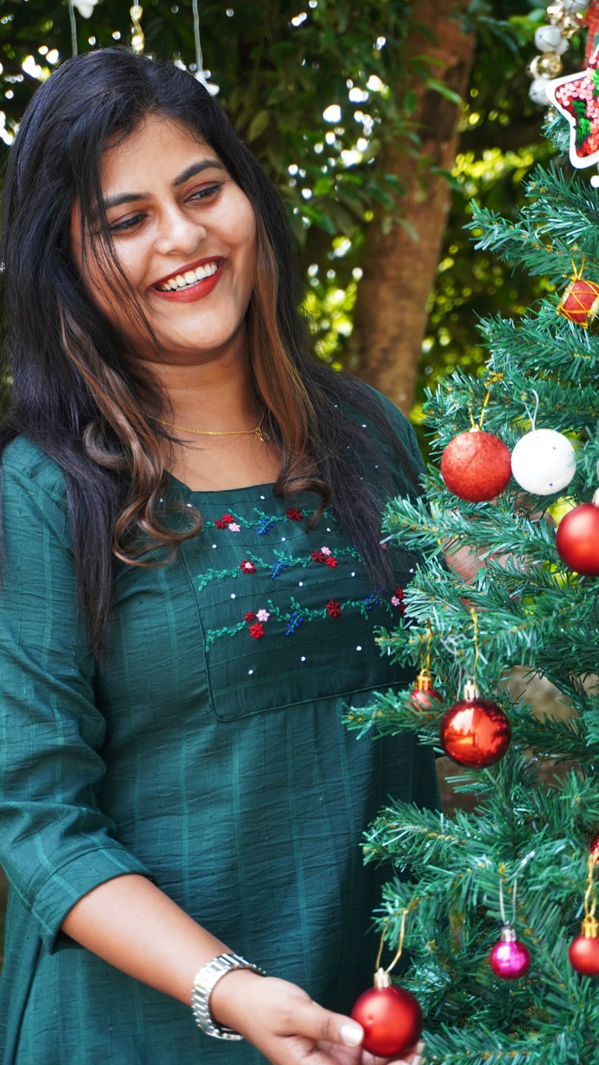 Green Cherry Silk and Floral Hand Embroidery Kurta