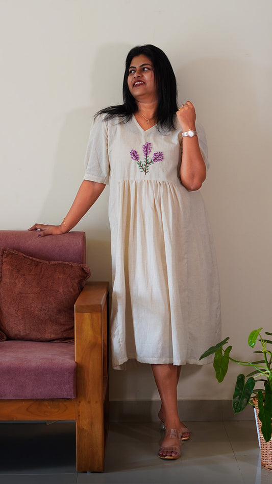Ethereal Cotton Dress with Lavender French Knots Embroidery