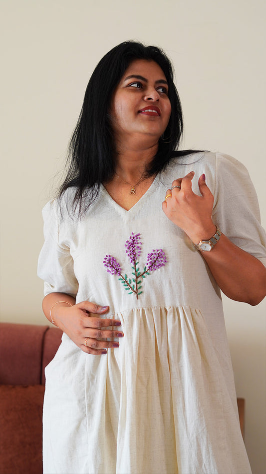 Ethereal Cotton Dress with Lavender French Knots Embroidery