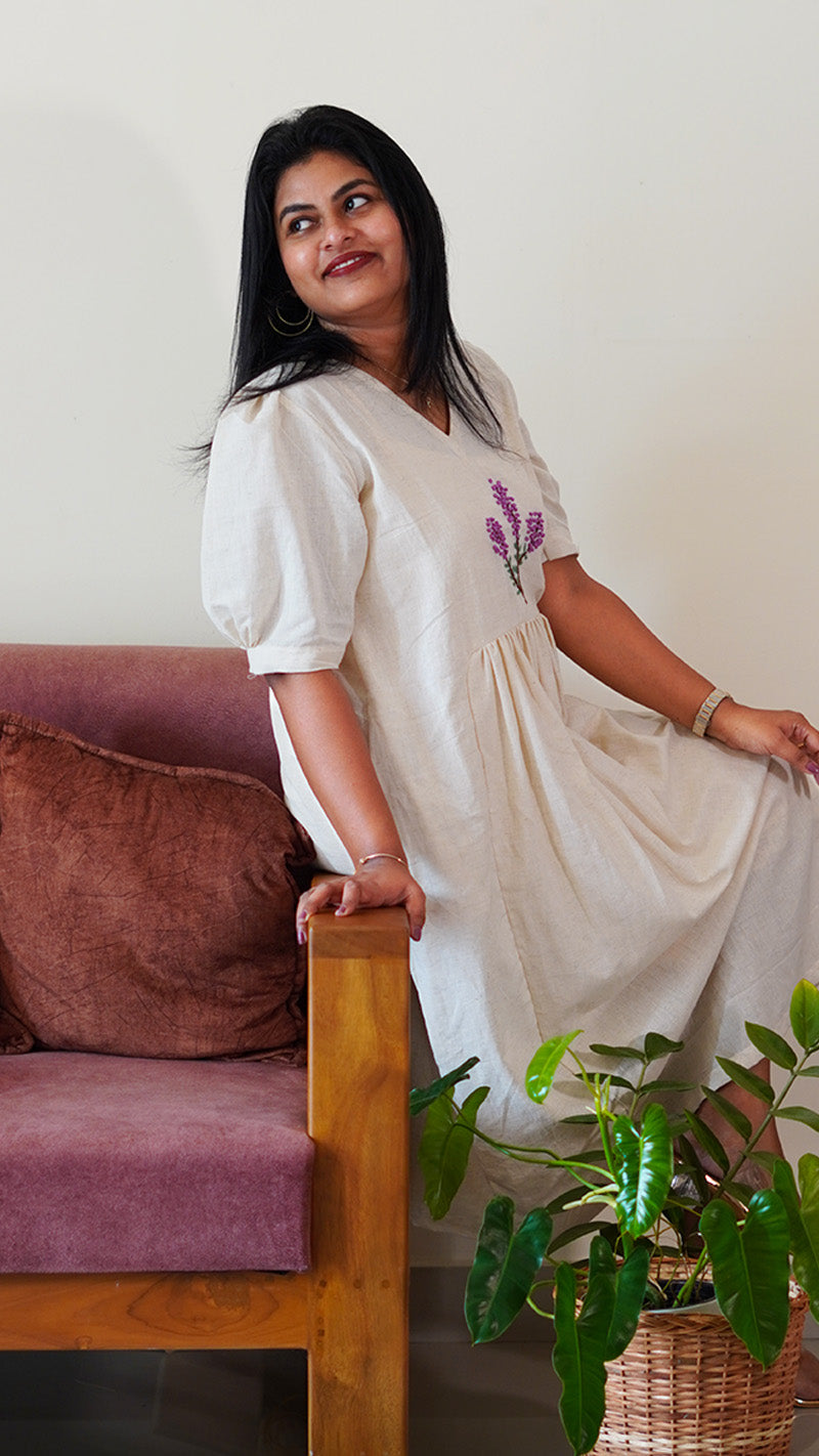 Ethereal Cotton Dress with Lavender French Knots Embroidery
