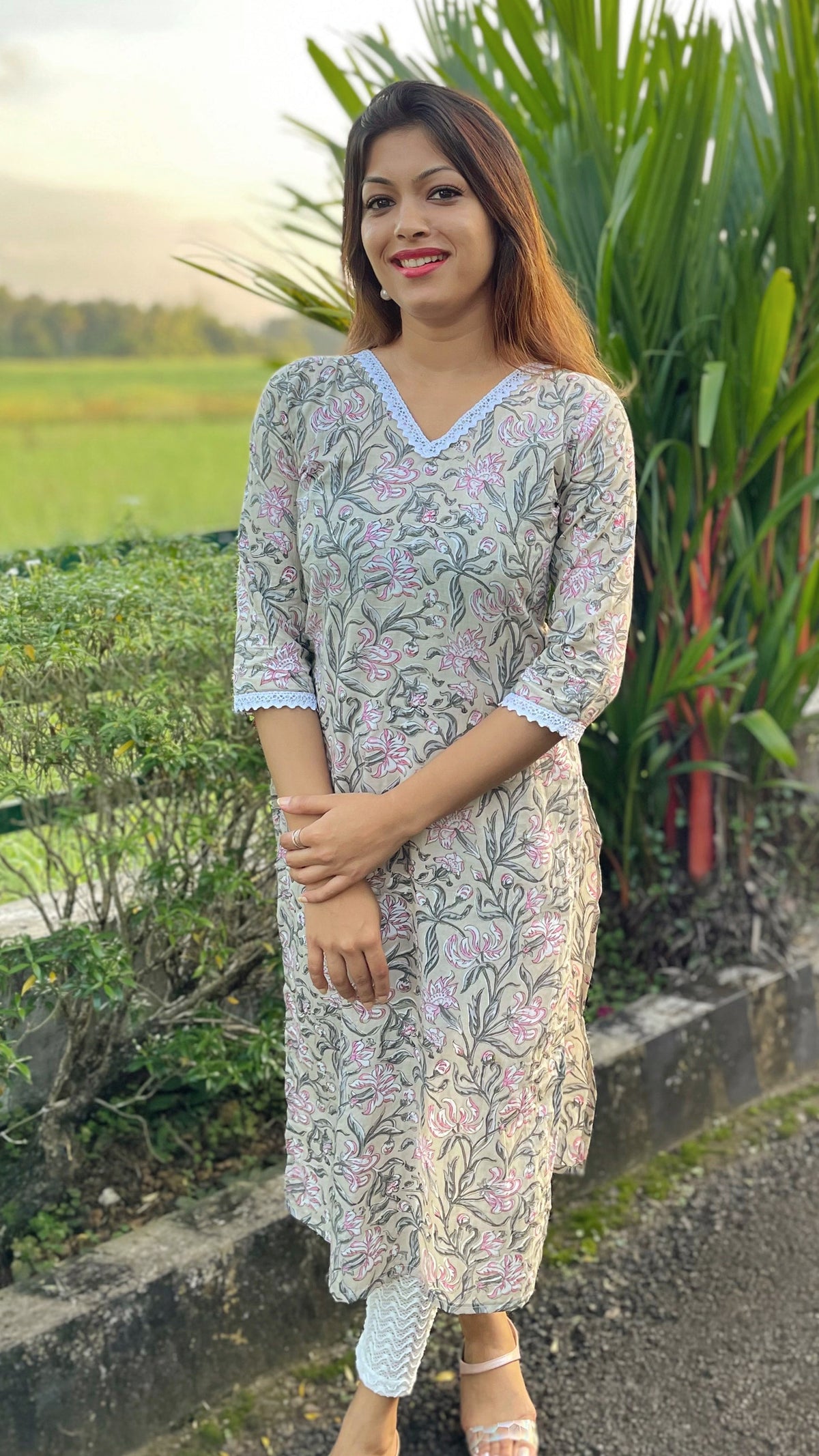 Ash Grey Kurti with floral prints and lace detailing image 1