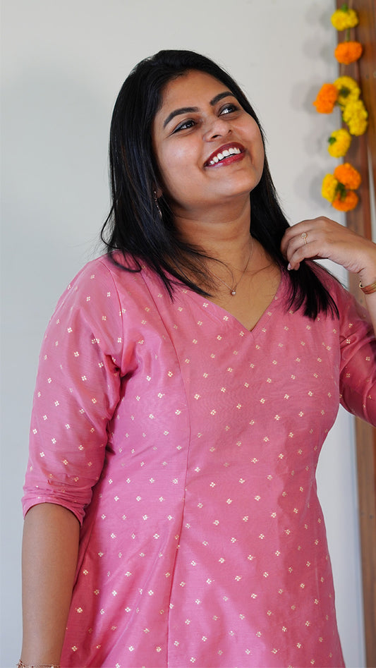 Dusty Rose Pink A-Line Chanderi Silk Kurti with Buta Work image 2