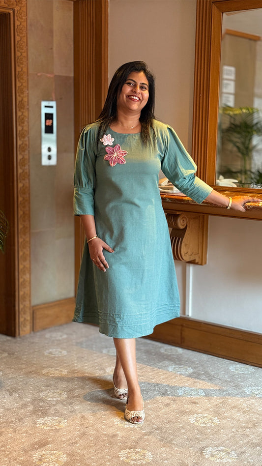 Icy Blue Dress with Floral Appliqué Embroidery