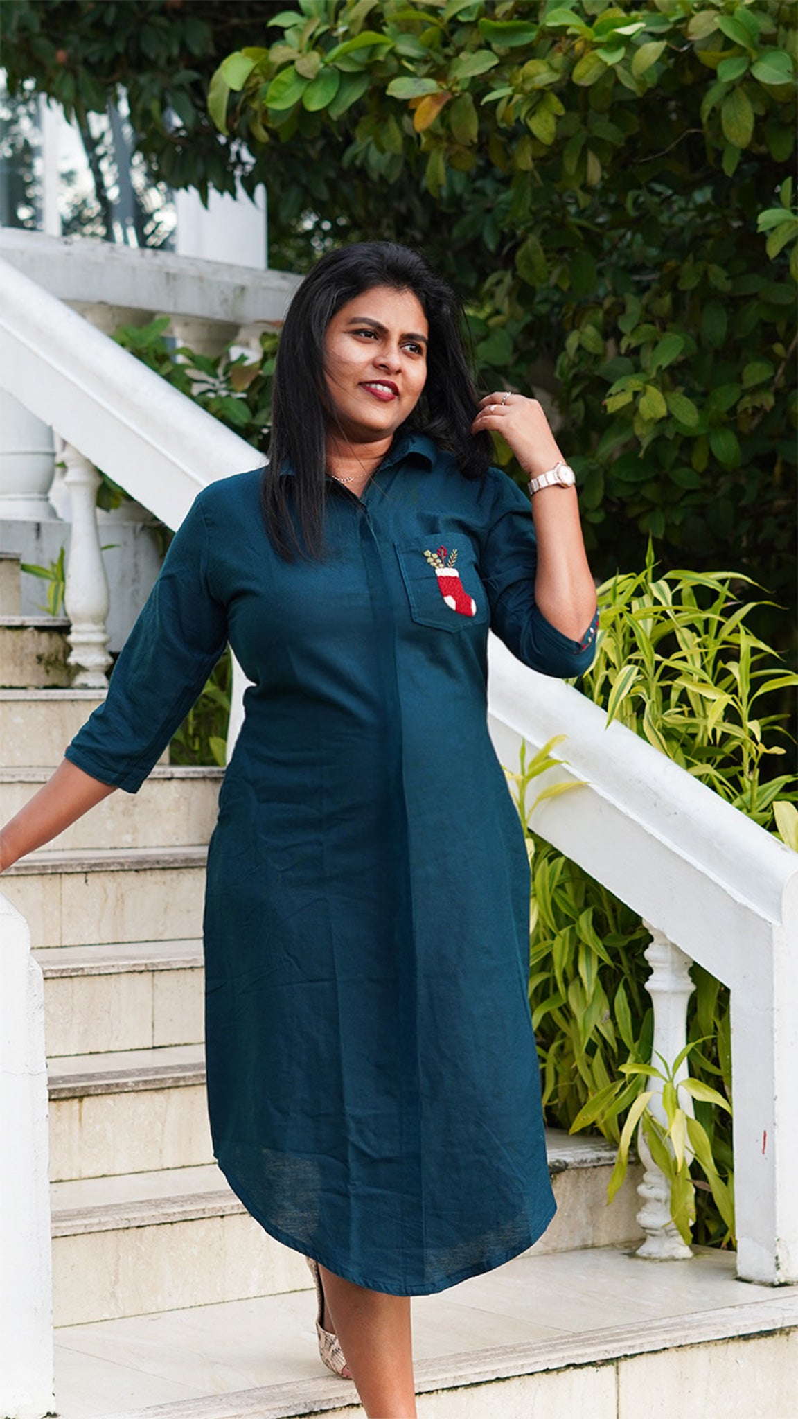 Peacock Blue Dress with Christmas Embroidery