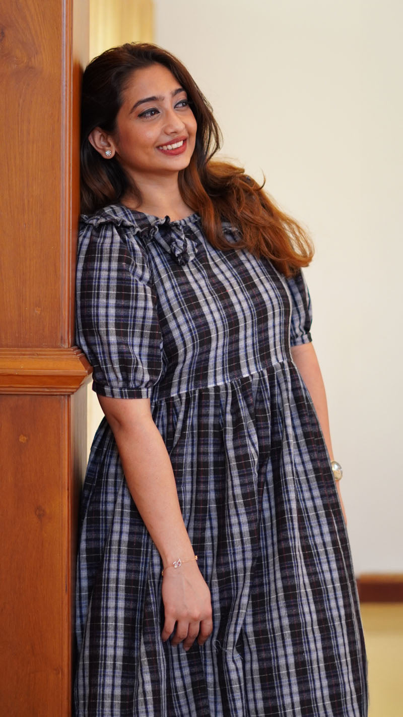 Stardust and Black Olive Checkered Cotton Frock or Dress