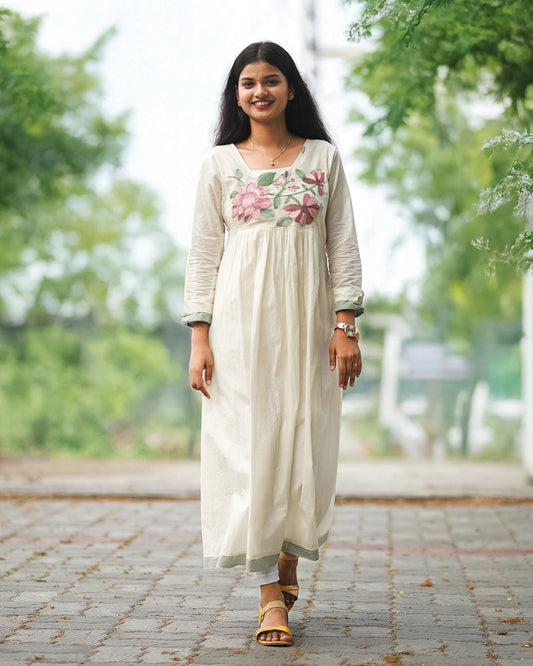 Lotus Embroidered A-Line Kurti with Striped Green Border