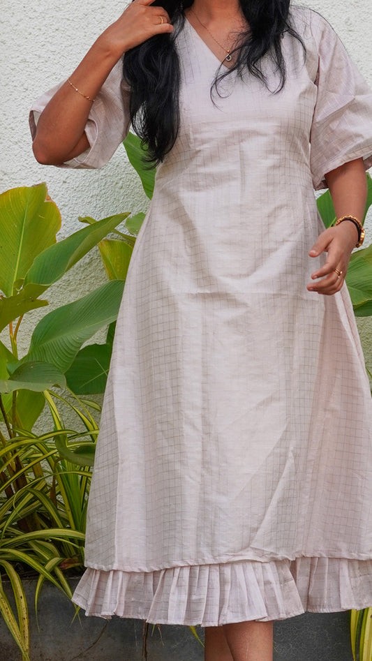 White Tissue Checks A-Line Dress with Frill