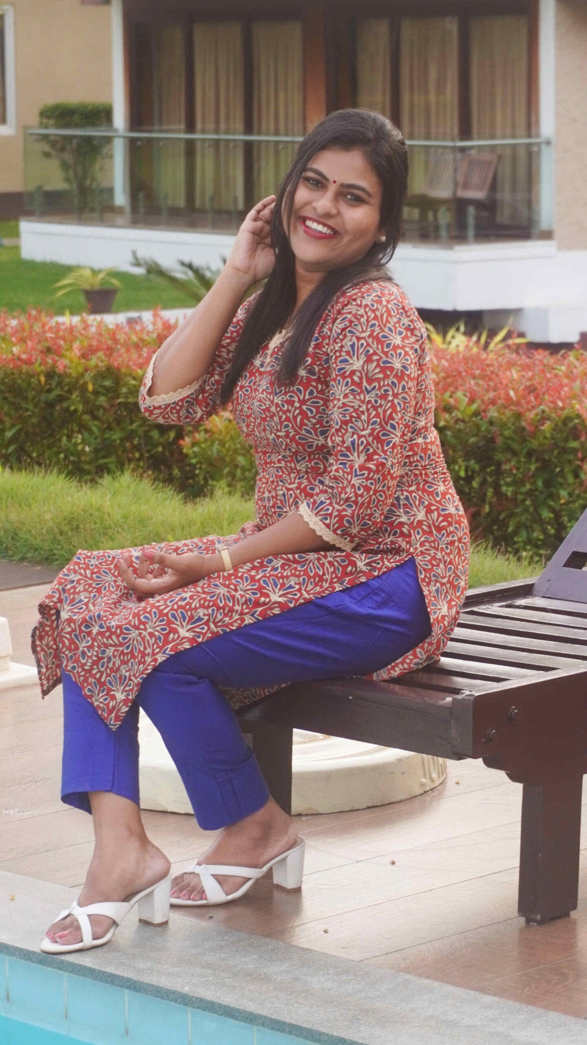 Long Red kurti with Blue and Beige hand block print image 4