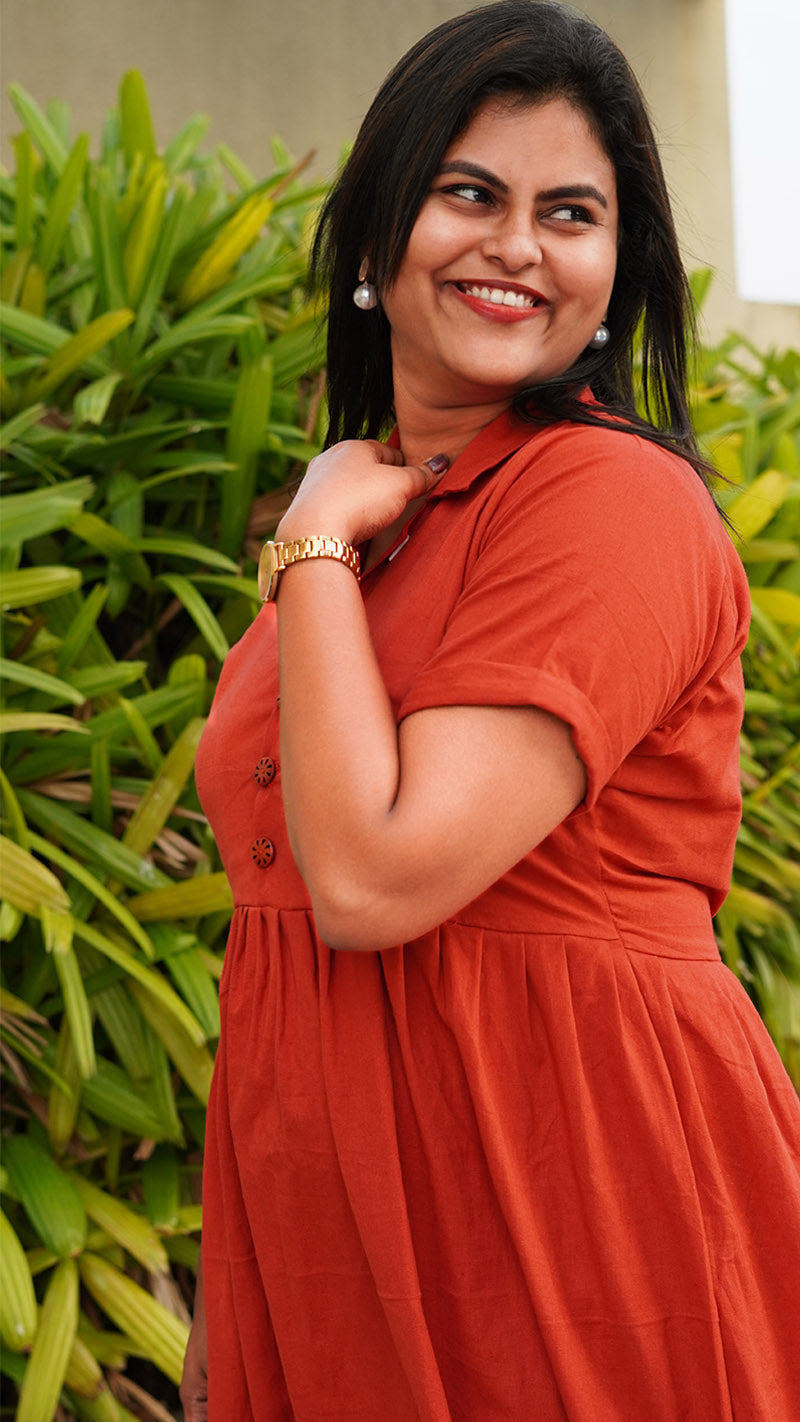 Fiery Orange Cotton Dress with Tie image 1