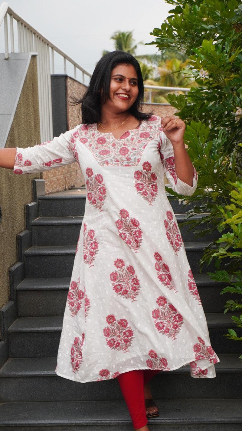 White and Red Simple Kurti with Printed Yoke image 4