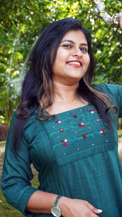Green Cherry Silk and Floral Hand Embroidery Kurta image 3