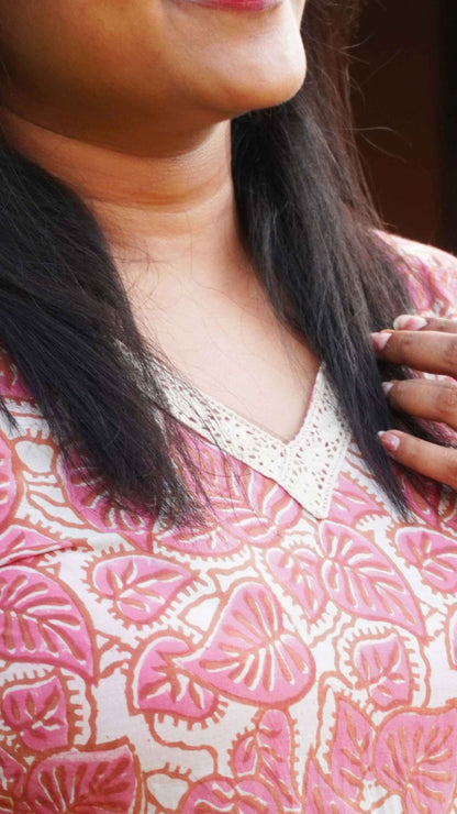 Pinkish Red and White Kurti with Leaves Design and Crochet lace image 2