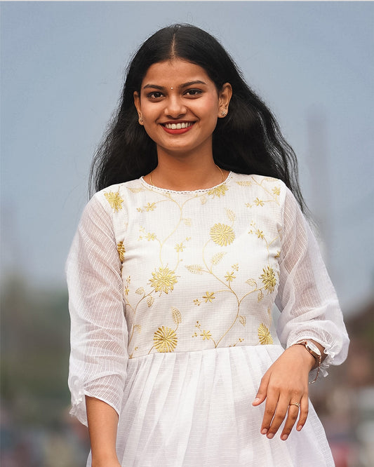 White and Yellow Embroidered Dress or Kurti image 2