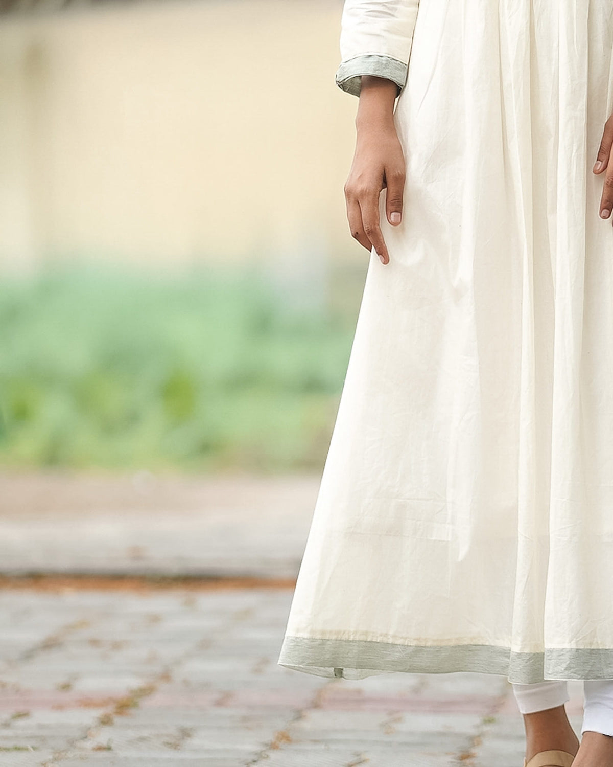 Lotus Embroidered A-Line Kurti with Striped Green Border image 2
