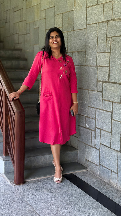 Cerise Pink Dress with Fruit and Butterfly Embroidery image 3