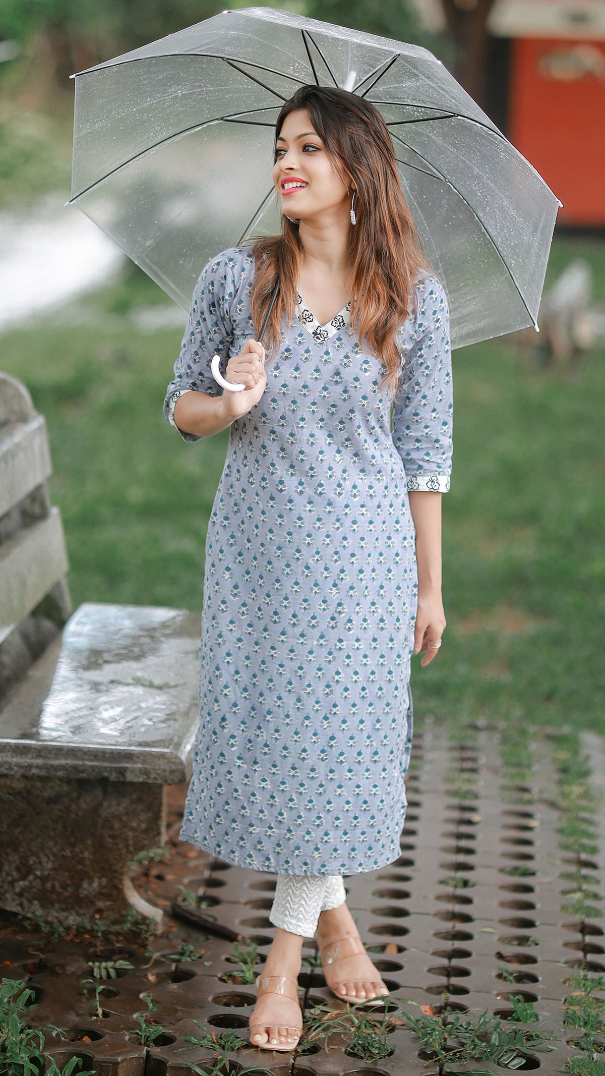 Pale Blue Kurti with Black and White Patch on Neck and Sleeves image 1
