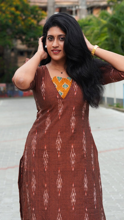 Caramel Brown Ikat Print Kurti with Mustard Yoke image 0