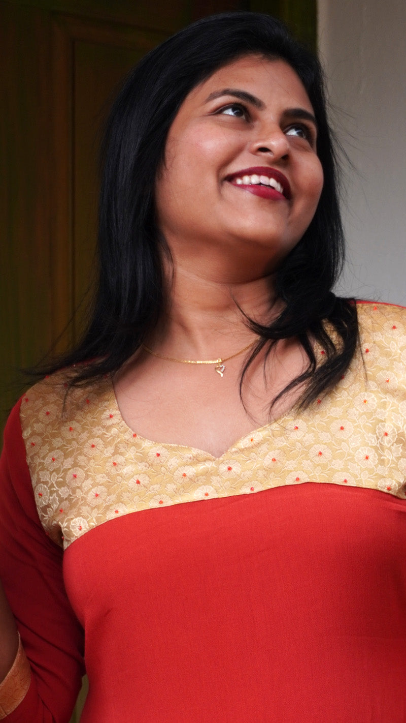 Rusty Red Hand Embroidered Kurti with Golden Yoke image 3