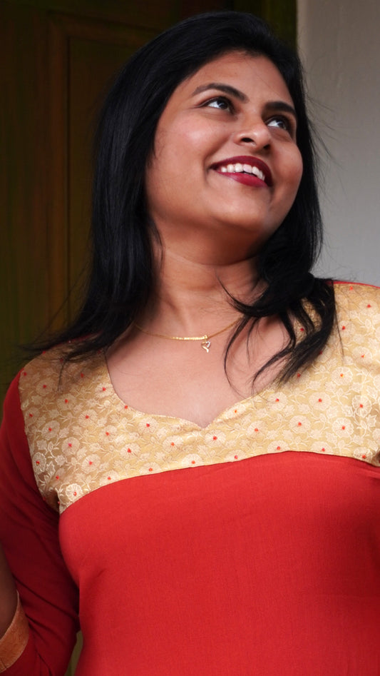 Rusty Red Hand Embroidered Kurti with Golden Yoke image 3