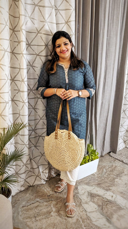Hakoba Grey Kurta with Printed Patches on Sleeves and Neck image 2