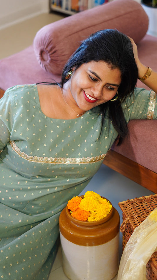 Mint Green A-Line Chanderi Silk Kurti with Gota Lace and Buta Work image 3