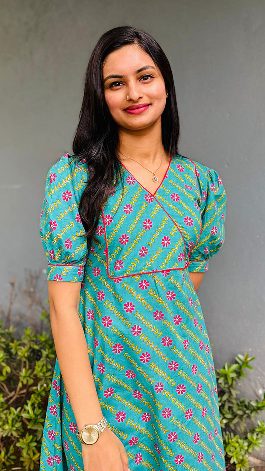 Pale Teal Floral Cotton Dress Kurti image 0