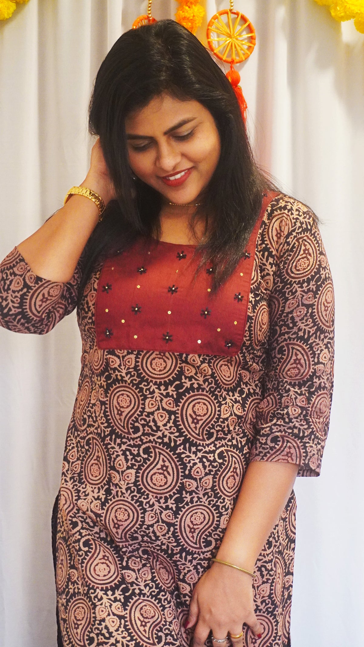 Black and Maroon Ajrakh Kurti with Hand Embroidery Design image 1