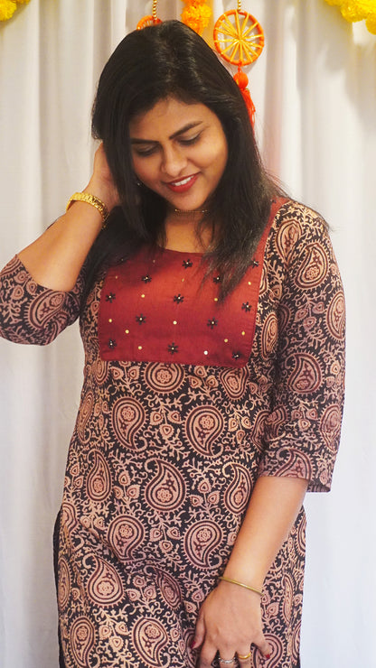 Black and Maroon Ajrakh Kurti with Hand Embroidery Design image 1