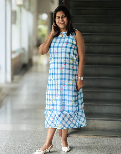Sky Blue Blossom Sleeveless Checks Dress image 4
