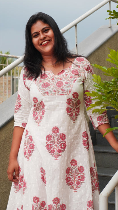 White and Red Simple Kurti with Printed Yoke image 2