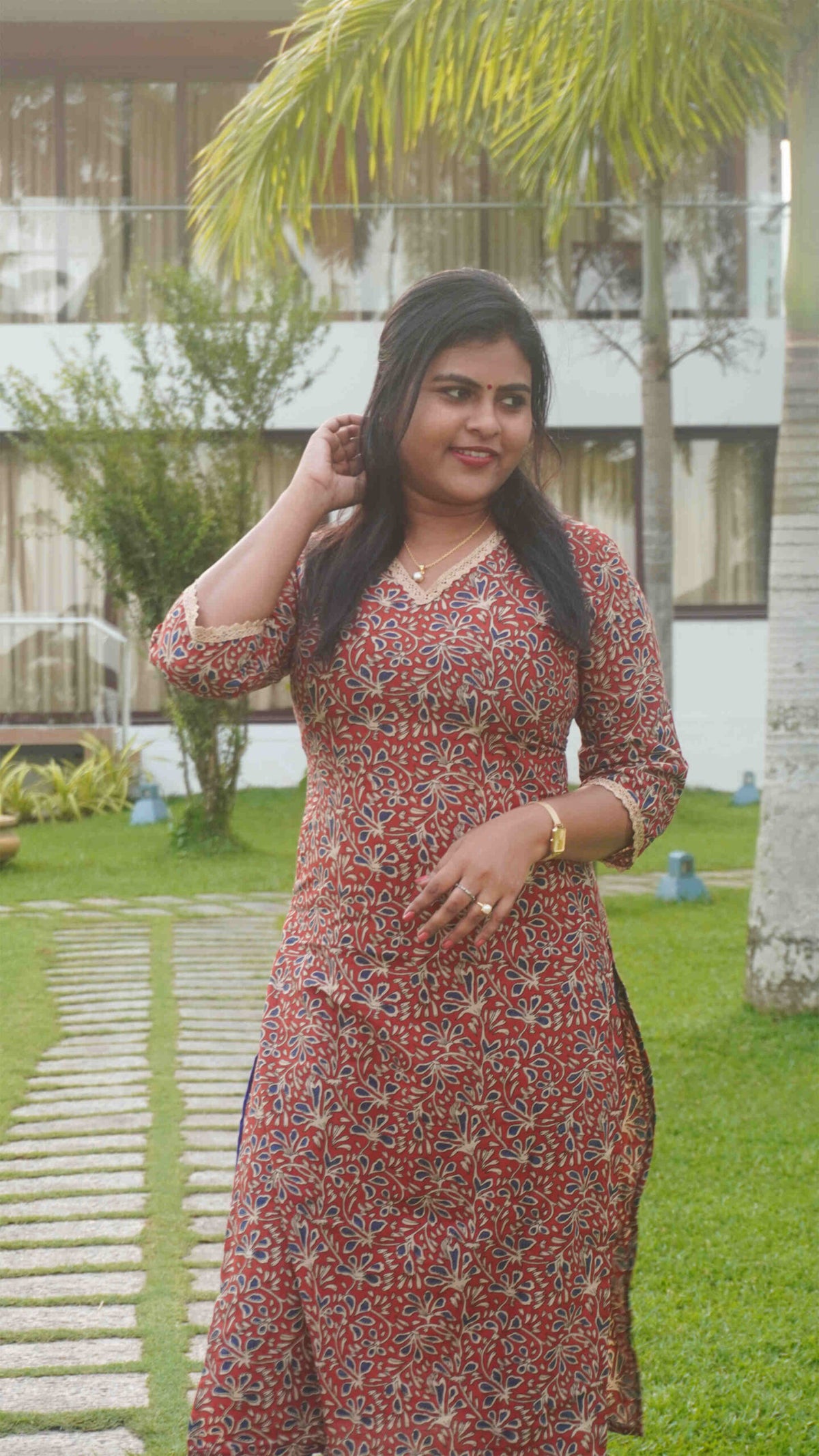 Long Red kurti with Blue and Beige hand block print image 2
