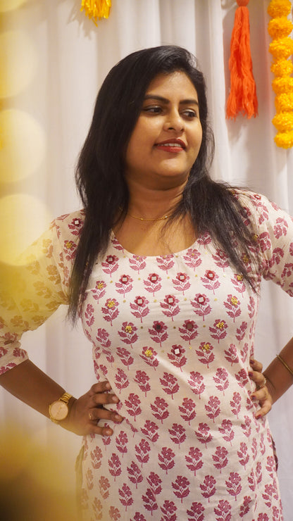 White and Pinkish Red Mirror Work Hand Embroidery Kurti image 1