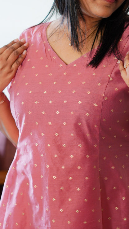 Dusty Rose Pink A-Line Chanderi Silk Kurti with Buta Work image 1