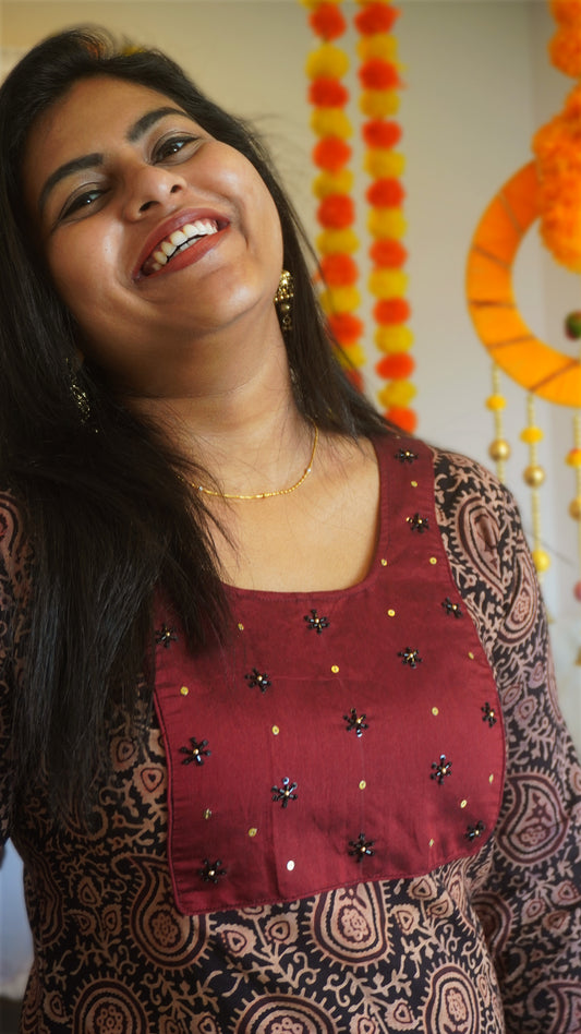 Black and Maroon Ajrakh Kurti with Hand Embroidery Design image 3