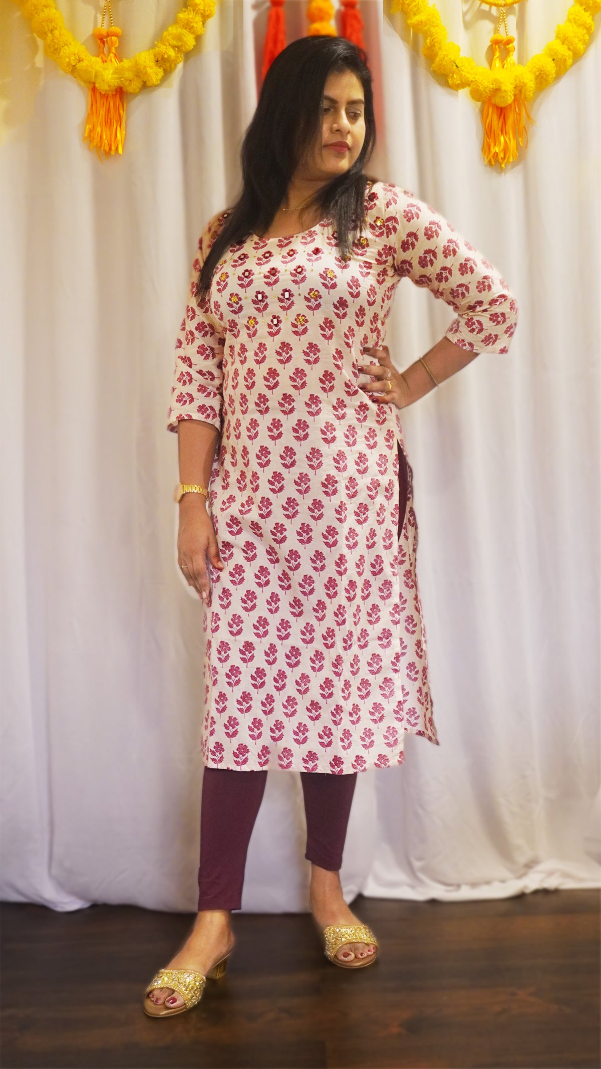 White and Pinkish Red Mirror Work Hand Embroidery Kurti image 2
