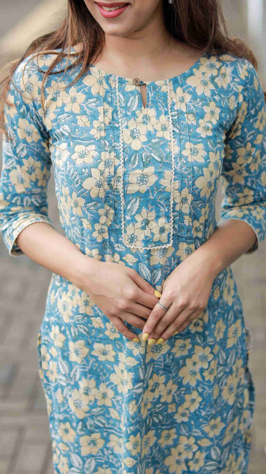 Blue and Beige Floral Hand Block Printed Kurti image 3